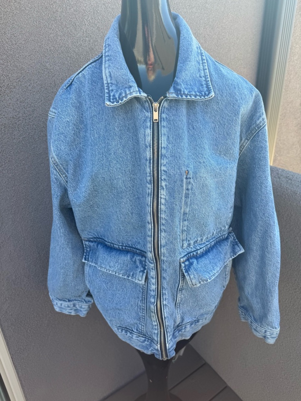 &Denim Medium Wash Zip-Up Denim Jacket Oversized Boxy Fit Large Pockets XL